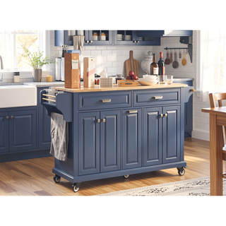 Sunvega Kitchen Cart with Rubber Wood Countertop Storage Cabinet and 2 Drawers