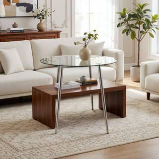 Sunvega Modern Round Dining Table with Silver Metal Legs and Clear Glass Top
