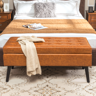 Sunvega Tufted Beige Storage Ottoman Bench with Safety Hinge for Bedroom