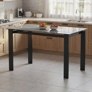 Sunvega Modern Black Tempered Glass Dining Table with Rectangular Metal Legs
