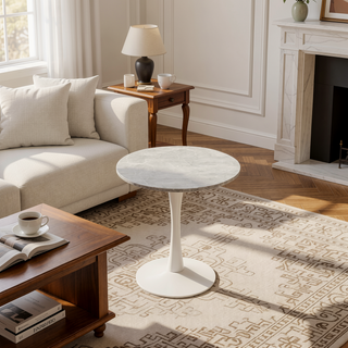 Sunvega Round White Pedestal Side Table with Marble Effect Top for Living Room