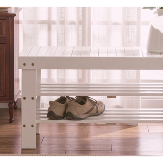 Sunvega Solid Wood White Finish Shoe Bench with Plastic Leveler Legs