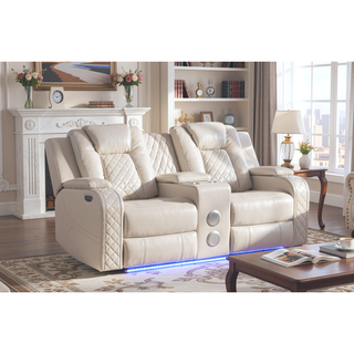 Sunvega Faux Leather Power Reclining Loveseat with LED Lighting and USB Ports