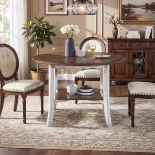 Sunvega 45.7-inch Round Dining Table with Storage Shelf in Modern Farmhouse Style
