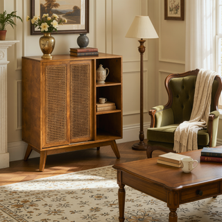 Sunvega Mid Century Modern Rattan Sideboard Cabinet with Adjustable Shelves and Solid Wood Feet