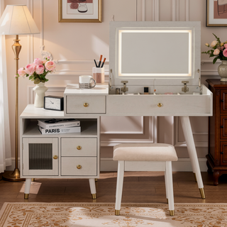Sunvega White 3-in-1 Vanity Desk with Lighted Flip-Top Mirror and Adjustable Cabinet