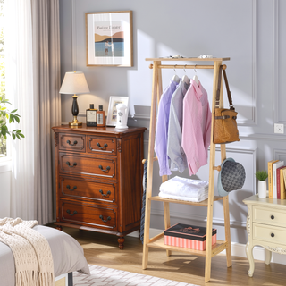 Sunvega Natural Finish Standing Garment Rack with Shelves and Knob Hooks
