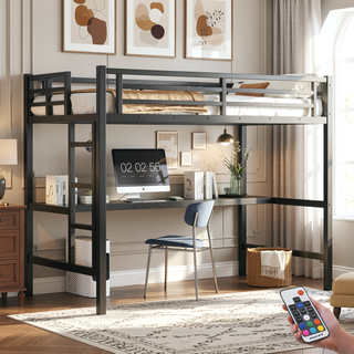 Sunvega Metal Twin XL Loft Bed with Desk, USB, LED Light, and Power Outlet
