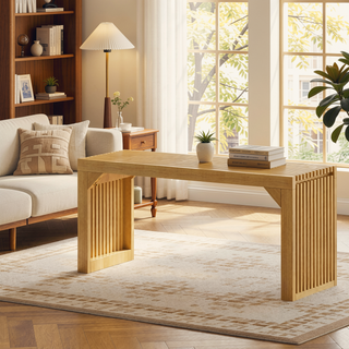 Sunvega Solid Wood 2-Seats Entryway Bench with Grille Details for Living Room