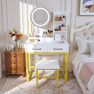 Sunvega White Makeup Vanity Table with LED Lights Power Outlet and 2 Drawers