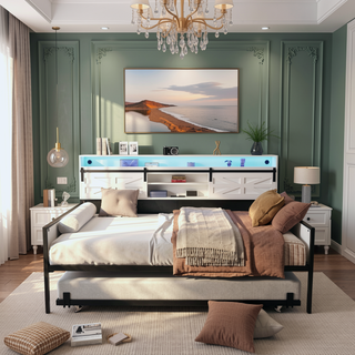 Sunvega Twin Daybed with Trundle Farmhouse Frame Sliding Barn Door Headboard Charging Station