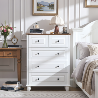Sunvega White Wood Dresser with 5 Deep Drawers and Wide Tabletop for Bedroom