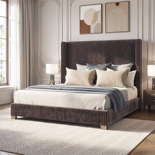 Sunvega Queen Upholstered Pleated Bed in a Box with Sturdy Dark Brown Frame