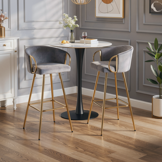 Sunvega 30 Inch Set of 2 Velvet Bar Stools with Chrome Footrest and Golden Leg