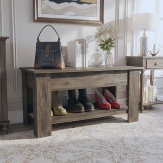 Sunvega Dark Brown Lift Top Storage Bench with Lower Shelf for Entryway