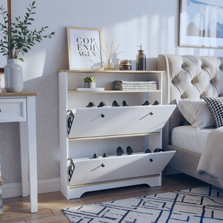 Sunvega Light Oak White Wood Shoe Rack with Two Doors and Three Storage Shelves