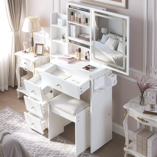 Sunvega Small Size Left Bedside Vanity Table with Cushioned Stool and Touch LED Mirror