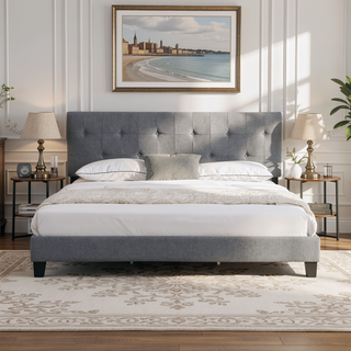 Sunvega Modern Upholstered King Size Platform Bed Frame with Button Tufted Headboard