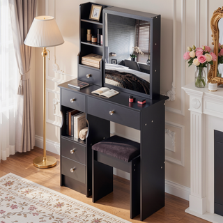 Sunvega Small Size Left Drawer Vanity Table with Adjustable LED Mirror and Stool