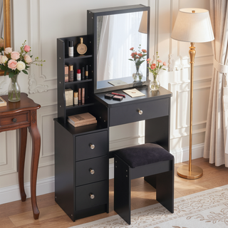 Sunvega Small Space Left Bedside Cabinet Vanity Table with Cushioned Stool and Sliding Mirror