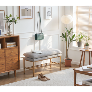 Sunvega Linen Upholstered Storage Bench with Shelf and Metal Legs for Bedroom Entryway