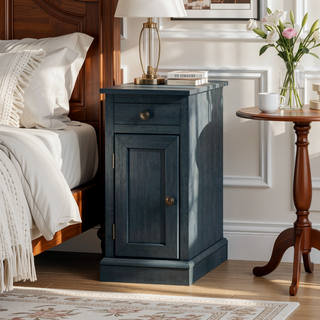 Sunvega Antique Blue Solid Wood Veneer Traditional Side Table for Living Room