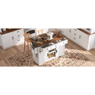 Sunvega Farmhouse Kitchen Island with Power Outlet Sliding Barn Doors and Drop Leaf