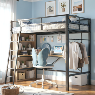 Sunvega Twin Metal Loft Bed with L-Shaped Desk, Charging Station and Safety Guardrails
