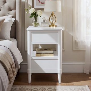 Sunvega White Finish Open Nightstand With 2 Storage Drawers and Custom Hardware