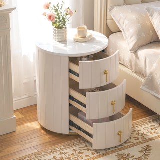 Sunvega Upholstered Round Nightstand with 3 Drawers and Marbling Top