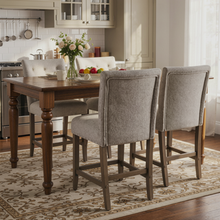Sunvega Gray and Brown Fabric Upholstered Wooden Counter Stool with Nail Head Trims