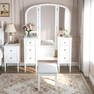 Sunvega Antique White Makeup Vanity Desk with Triple Mirror and 6 Drawers