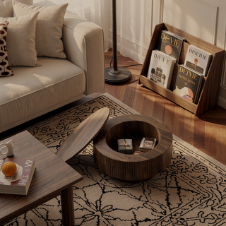 Sunvega MDF Modern Circular Coffee Table with Concealed Storage and Stripe Design