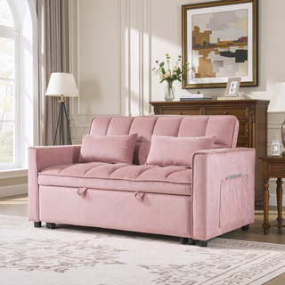 Sunvega Pink Velvet Convertible Sofa Bed with Reclining Backrest and Storage Pockets