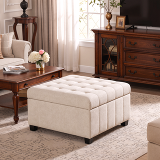 Sunvega Fabric Ottoman with Tufted Waffle Lid and Soft-Closing Hinges for Storage