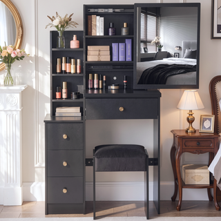 Sunvega Small Size Left Bedside Vanity Table with Cushioned Stool and Touch LED Mirror