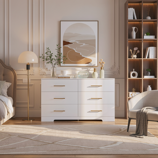 Sunvega White Wooden Six Drawer Cabinet with Golden Handles Large Storage Space