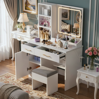 Sunvega White Glass Top Vanity Desk with 10 Drawers and Lighted Mirror