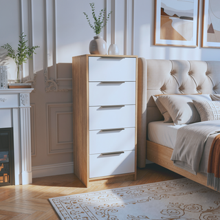 Sunvega 42 Inch High Five Drawer Vertical Dresser in White and Light Oak
