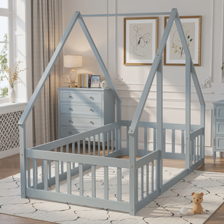 Sunvega Twin Wood House Floor Bed with Guardrail Fence in Grey