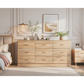 Sunvega Modern Black 9-Drawer Dresser with Golden Handles for Bedroom Storage