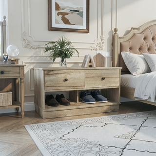 Sunvega Light Oak Storage Bench with Two Open Shelves and Two Drawers