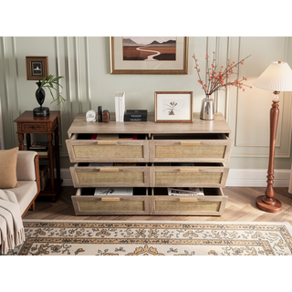 Sunvega Rattan 6 Drawer Dresser with Wood Handles for Bedroom Storage Cabinet