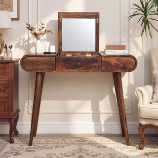 Sunvega Nordic Brown Chestnut Mirror Dressing Table with 2 Drawers and Storage Compartments