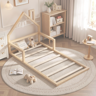 Sunvega Natural Wood Floor Bed with House-Shaped Headboard for Kids Room