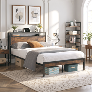 Sunvega Modern Metal Platform Bed Frame with Wooden Headboard and Footboard for Queen Size