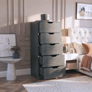 Sunvega Slim Smokey Oak 5-Drawer Narrow Dresser for Bedroom Storage
