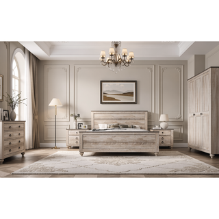 Sunvega Contemporary White Wash Queen Bedroom Set with Dresser Mirror Nightstands Chest