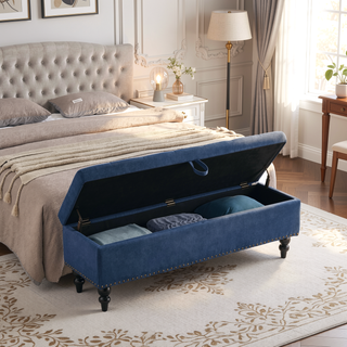 Sunvega Beige Fabric Upholstered Storage Ottoman Bench with Button Tufted Top