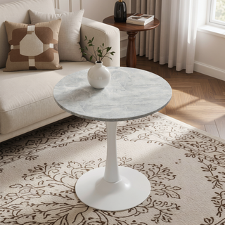 Sunvega Round White Pedestal Side Table with Marble Effect Top for Living Room